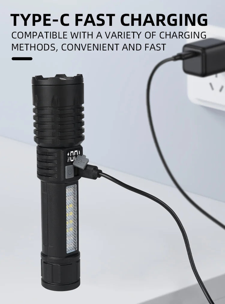 Portable Rechargeable High Power LED Flashlights With Display Screen Zoom Tactical Torch Lamp with Emergency Side Lights Lantern