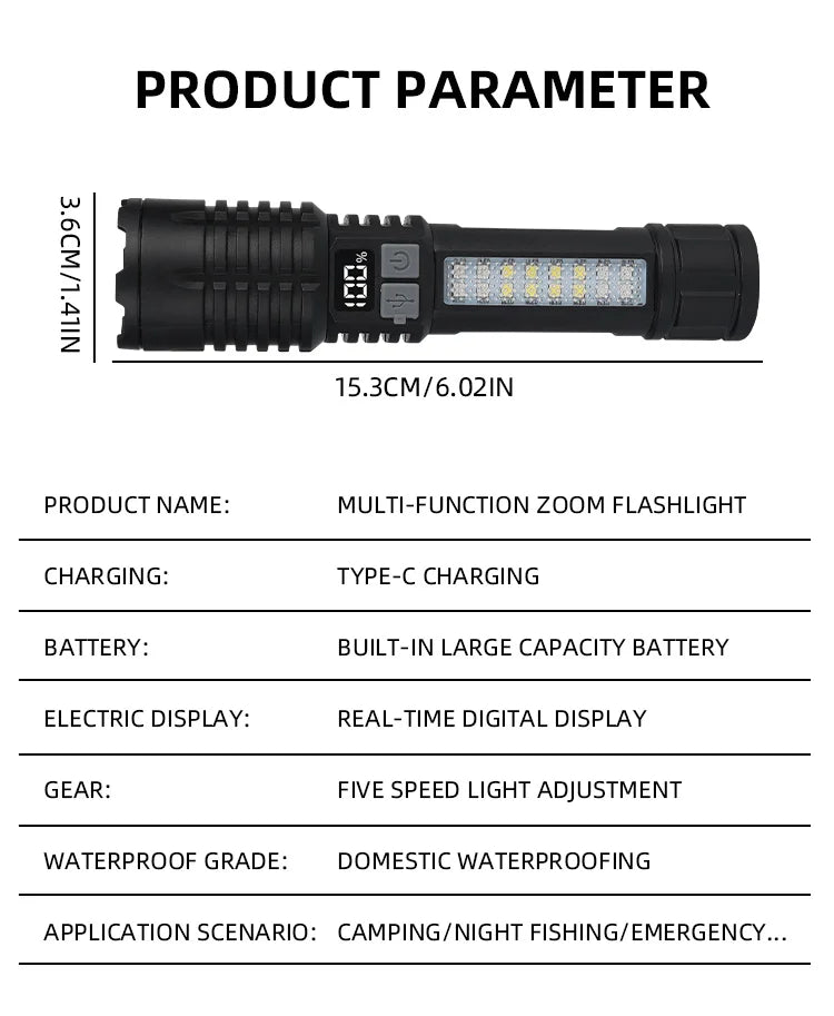 Portable Rechargeable High Power LED Flashlights With Display Screen Zoom Tactical Torch Lamp with Emergency Side Lights Lantern